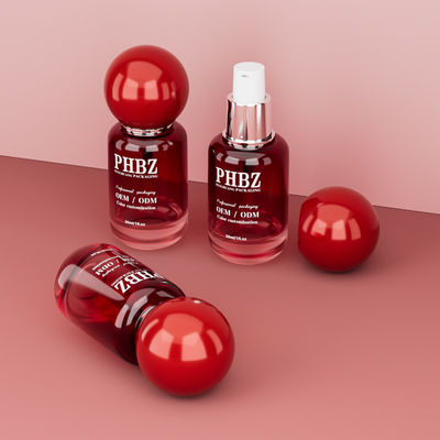 30ml / 1oz Leere rote Gradient Glas Kosmetikserumflasche mit rundem Kugelkappen, kundenspezifische Farbe OEM ODM Hautpflegeverpackung für Lotion ätherisches Öl
