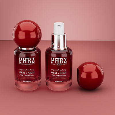 30ml / 1oz Leere rote Gradient Glas Kosmetikserumflasche mit rundem Kugelkappen, kundenspezifische Farbe OEM ODM Hautpflegeverpackung für Lotion ätherisches Öl
