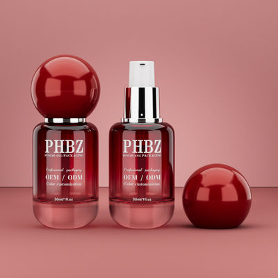 30ml / 1oz Leere rote Gradient Glas Kosmetikserumflasche mit rundem Kugelkappen, kundenspezifische Farbe OEM ODM Hautpflegeverpackung für Lotion ätherisches Öl