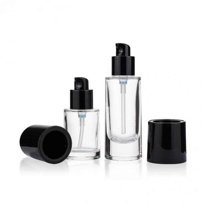Grundlagen-Glasflasche der kosmetischen der Runde 30ml der Form klaren Großhandelspumpe des Frosts flüssigen kundenspezifische mit schwarzer Kappe