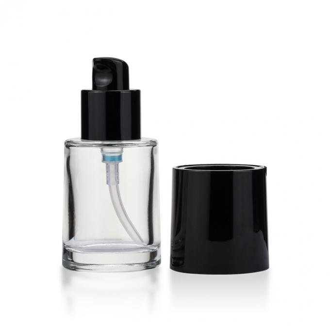 Grundlagen-Glasflasche der kosmetischen der Runde 30ml der Form klaren Großhandelspumpe des Frosts flüssigen kundenspezifische mit schwarzer Kappe