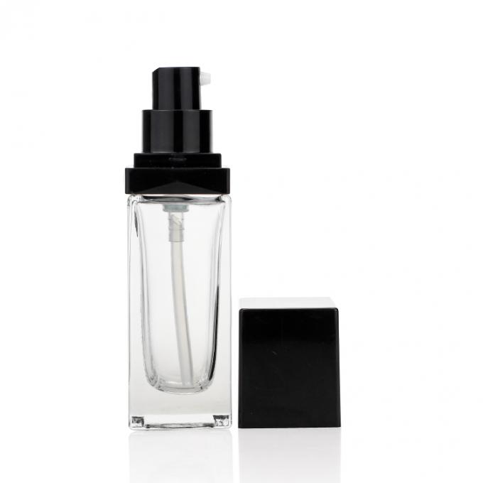 Populäre klare Grundlagen-Glas-Flasche Logo Print Square Shapeds 30ml mit Lotions-Pumpe