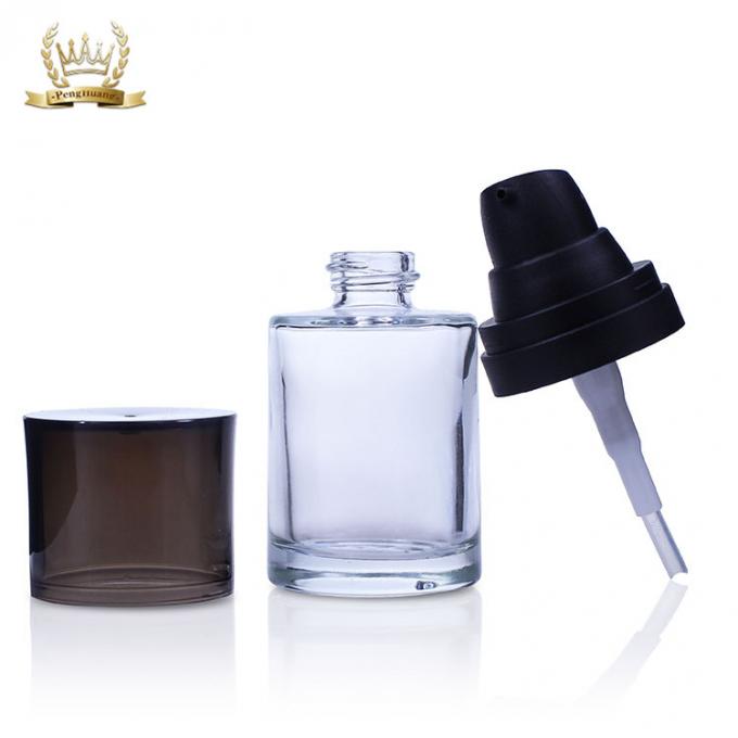 klare quadratische kosmetische Glasflaschen-Lotionsserum-Pumpenluxussprühflasche der Grundlage 30ml mit schwarzem Deckel