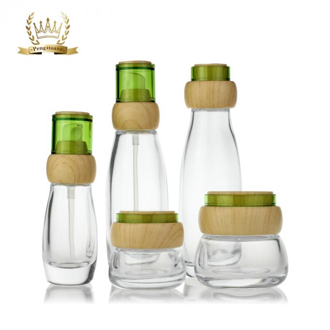 kosmetisches Flaschenglas skincare Glases 30g 50g, das 40ml 100ml 120ml mit hölzerner Pumpenkappe verpackt